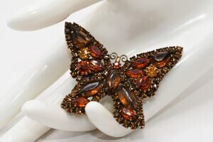 WEISS Topaz Rhinestone Butterfly Brooch Antiqued Gold Tone